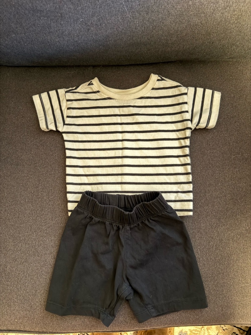 Hanna Andersson Black & Cream Striped Short Sleeve Tee with Black Shorts